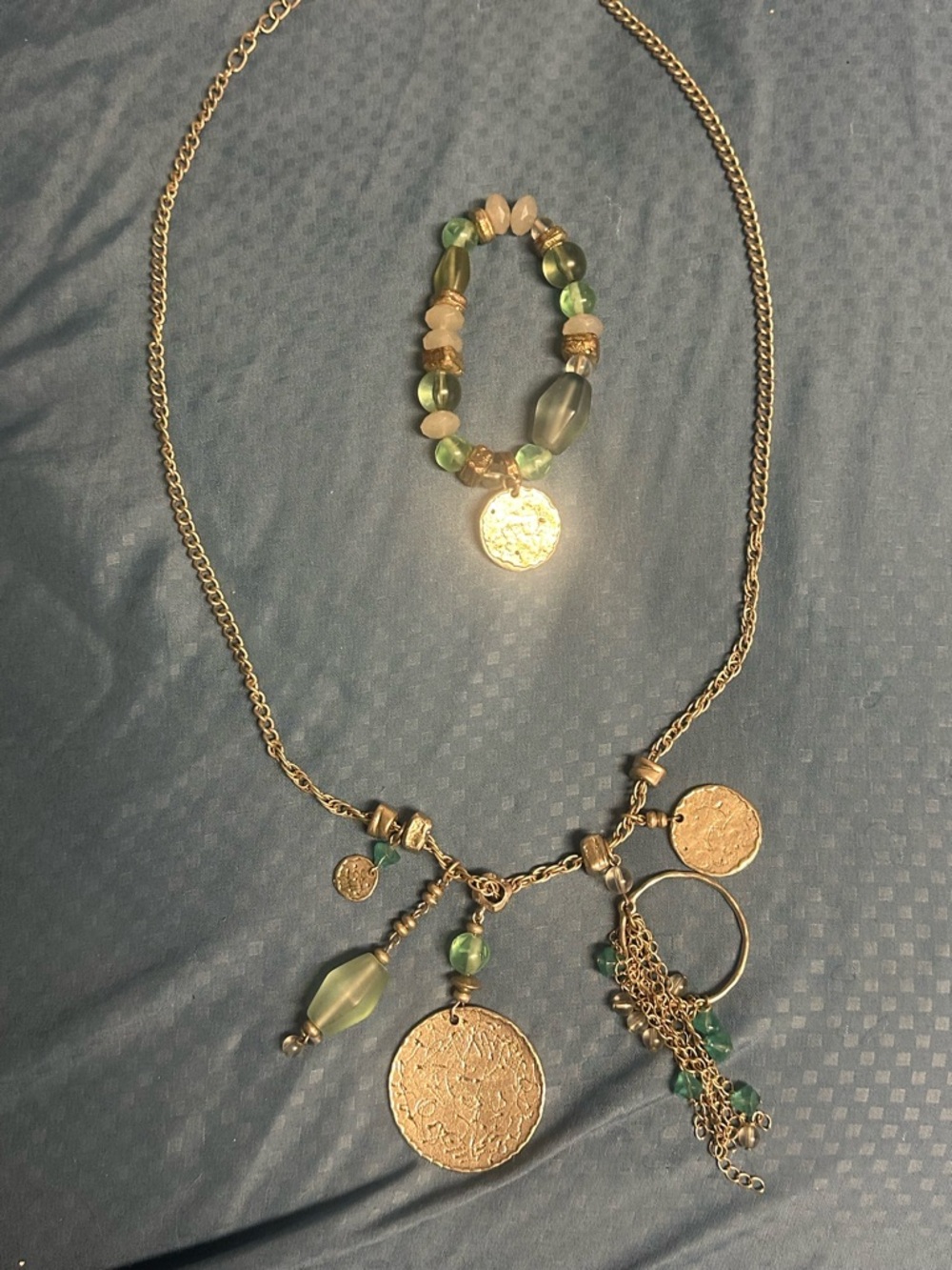 Gold-Tone Green Bead Charm Necklace and Bracelet Set